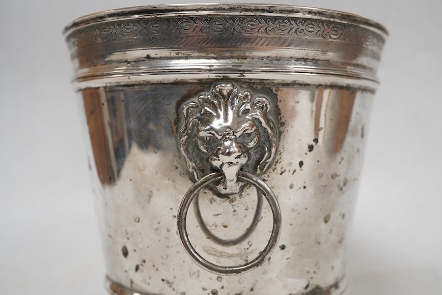 A continental 800 standard white metal ice bucket, with two lion mask and ring handles, height 12.9cm, 10.1oz.